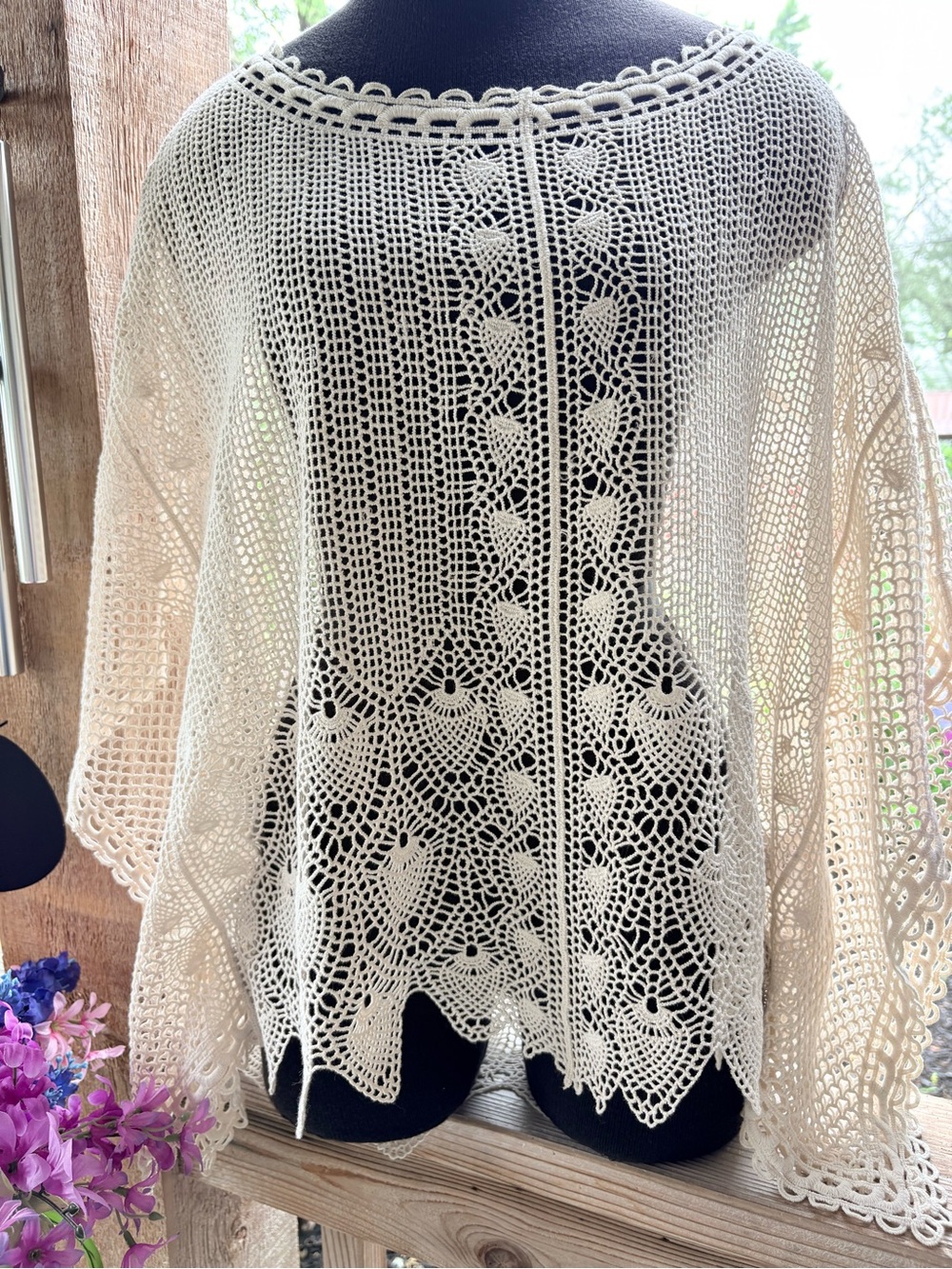 Sparrow Anthropologie Ivory Crochet Lace Open Weave Butterfly Sleeve Poncho Top